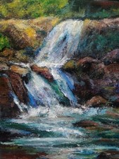 "Cascata estiva", originale acrilico dipinto a mano arte 16,5 x 11,7 pollici
