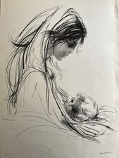 Silvano Campeggi Donna con bambino Litografia Firmato