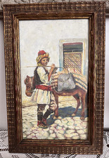 Vecchio quadro con cornice dorata -Olio su tela-Giovane con l'asino