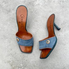 Chanel | Autentico Vintage Blu Denim CC Bottone Pelle Marrone Mules Raro (35,5)