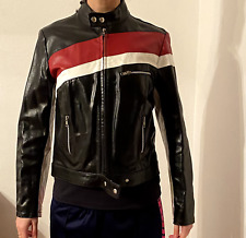 Giacca vintage da donna di pelle vera nera con strisce bianca e rossa