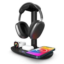 Supporto per Cuffie 4 in 1 con Caricatore Wireless 15w Smart Watch Telefono / NERO