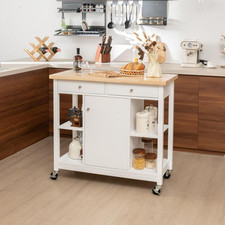 Carrello Da Cucina Mobile Con Piano in Legno Di Gomma 4 Ripiani Aperti 2 Cassett