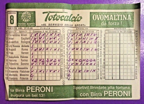 Schedina totocalcio 1968 - schedina, 27/10/1968