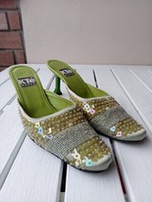 Sabot donna Keyté tacco 7 pelle raso verde paillettes perline tg.37 ottimo usato