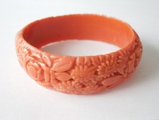 Vintage Bangle Celluloide Corallo Imitazione Fiore Ri Corse 25,9 G / Ampia 2,0