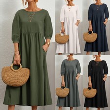 Abito Estivo Ampio Da Donna In Cotone E Lino Con 1/2 Maniche ☆