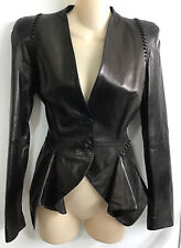 Giacca Alexander Mcqueen nera morbida pelle scollo a V punto frusta design Peplum 40