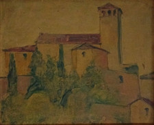 Dipinto anni '40 Case con alberi Olio su tela 46,5x38 cm senza cornice