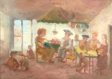 Guido Guidi Trattoria Abbuffata Dipinto Olio Tavoletta  cm. 70  x  50