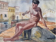 Dino Somà ( Villafalletto CN  1886 - ? ) Nudo maschile a Venezia,  acquerello   