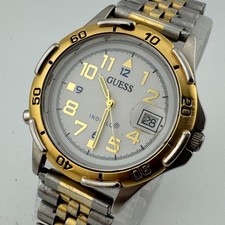 Orologio Vintage Guess Indiglo Quarzo Uomo Doppio Tono Lunetta Girevole Data Nuovo Batte 7,25"