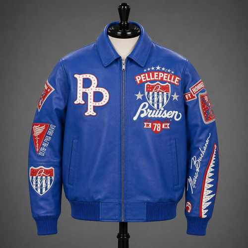 Blue leather bomber jacket - leather,