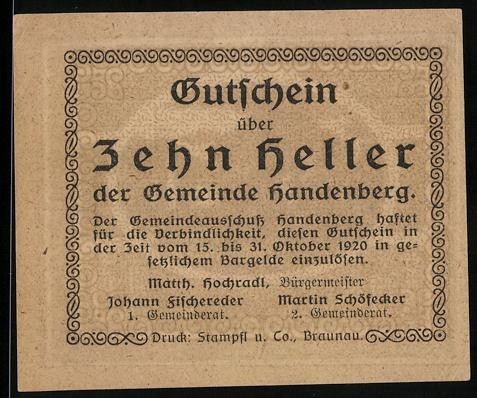 Notgeld handenberg 1920 10 - handenberg, 1920,