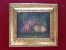 QUADRO DIPINTO A MANO frutta SU TELA CORNICE IN LEGNO colore foglia oro  32x38CM