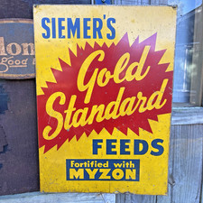 Rara insegna in metallo originale Siemer’s Gold Standard Feeds anni ’50 28 x 20