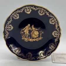 Antico Piatto piattino in porcellana Limoges blu e oro Stile Fragonard Vintage