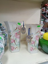 Coppia Di Vasi Limoges Porcellana Fiori Rosa 26cm 25cm