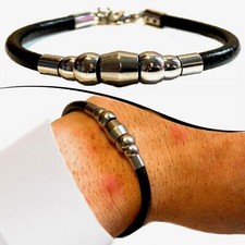 Bracciale da uomo in acciaio inox catena di pelle nero braccialetto cuoio donna