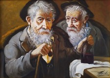 Tristano Marchi Ritratto di due Anziani I Bevitori Dipinto Realista Olio firmato