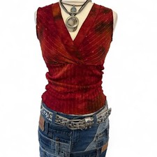 Top donna vintage Y2K Rave a righe scollo a V con dettagli paillettes taglia 10