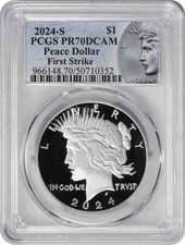 2024-S Peace Silver Dollar PR70DCAM First Strike PCGS (etichetta pace)