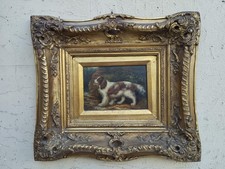 ANTICO XIX sec QUADRO DIPINTO OLIO SU TAVOLA RITRATTO CANE SPANIEL CON CORNICE