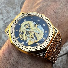 Orologio Uomo Drago Cinese Lusso Goffrato Automatico Autocarica Esposizione Retro