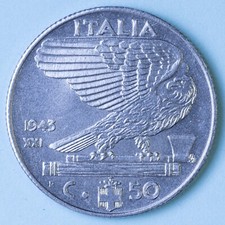 VITTORIO EMANUELE III 50 CENTESIMI 1943 XXI IMPERO RARA FDC ACCIAIO NUMISMATICA