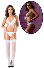 Completo intimo donna reggiseno perizoma reggicalze bianco trasparente con velo
