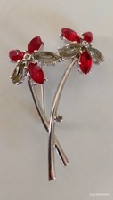 Spilla vintage acciaio strass rosso fiori elegante clip fermaglio spillone