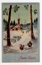 CARTOLINA BUON NATALE CHIESA NEVE SCOIATTOLI NON VIAGGIATA