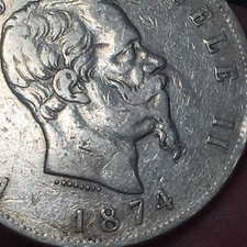 VITTORIO EMANUELE II - 5 LIRE - 1874 M MILANO - ARGENTO - 25G.