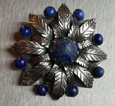 Antique Arts Crafts Karl Karst Style 800 Silver Lapis Flower Leafs Brooch Pin