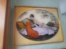 QUADRO PITTURA SU VETRO DAMA E LEOPARDFIRMATO IN BASSO ALDO MIZZOLI ANNI 70