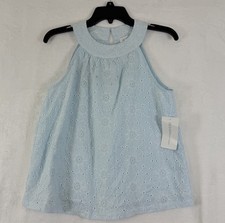 Top New Design History piccolo blu ricamato punto floreale fix nuovo con etichetta *Leggi difetto*