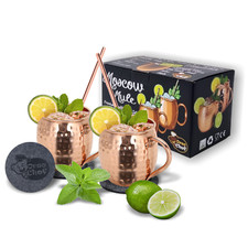 2 Tazze in Rame Martellato Moscow Mule Cocktail con 2 cannucce e sottobicchieri