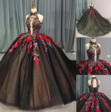 Abiti neri gotici quinceanera Halter 3D applicazioni floreali abiti da ballo dolci 16