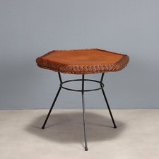 Tavolino da Caffé Vintage Rotondo Legno Metallo Smaltato Rattan Italia Anni 60