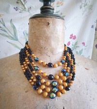 Collana anni 50 perle cristallo nero e senape cinque fili Made in Italy 