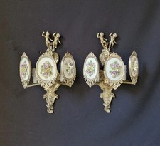 Antica coppia di applique da parete in ottone con porcellana decorata con rosa 3?