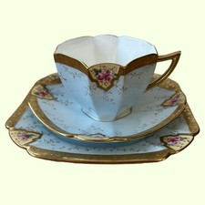 Splendido trio da tè vintage Shelley Queen Anne bambino blu e oro 11539/10