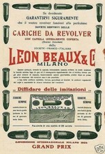 PUBBLICITA' 1909 LEON BEAUX PROIETTILI CARTUCCE REVOLVER FUCILE CACCIA ARMI