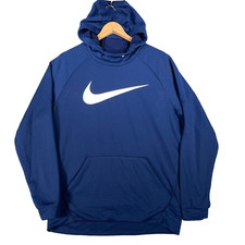 Nike Felpa con Cappuccio Uomo Grande Blu Grande Centro Logo Swoosh Palestra Casual Maglione Top