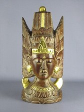 Statua Thailandese legno massello scultura volto dipinto a mano vintage XX Sec.