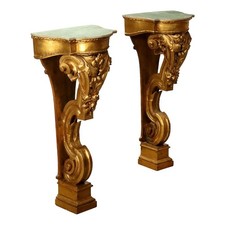 Coppia di Grandi Mensole Autoportanti Antiche Pioppo Dorato Italia 900