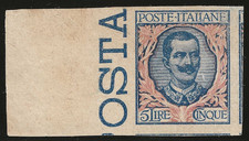 1901 Regno - Floreale 5 l. prova su carta grigia senza filigrana senza gomma
