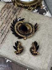 Set Spilla Giuliana e Orecchini Clip-On Strass Nero e Oro Metallizzato