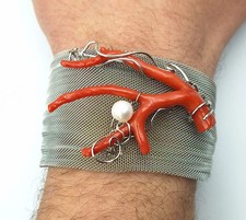 Bracciale di vero corallo rosso del mediterraneo e argento 925 TITANIO Perla