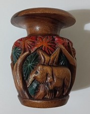 Vaso etnico in legno marrone intagliato con jungla e due elefanti Africa raro 